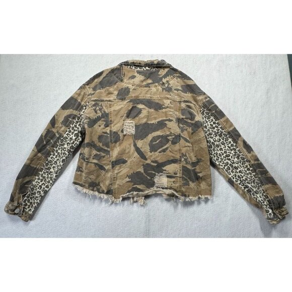 POL Denim Jacket Camo and Leopard Print Tan Brown Boho Gypsy Trendy Womens Small - Picture 2 of 8